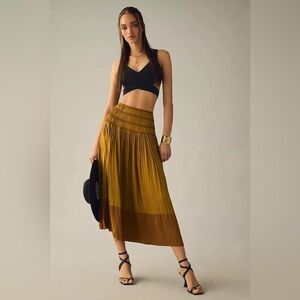 Anthropologie Tiered A-Line midi Skirt Large bronze gold New NWT pull on satin